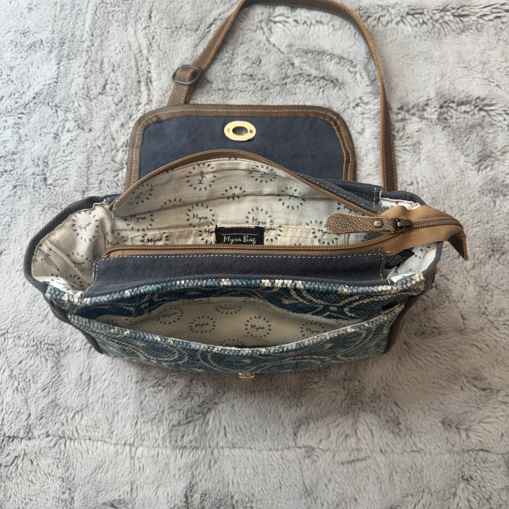 Myra‎ Bag Canvas Cowhide Rug Tapestry Crossbody Bag Teal Brown S-1250 - Picture 15 of 16